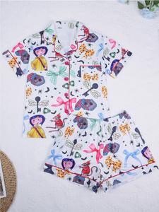 Women's Cartoon Print Top & Shorts Pyjama Two-piece Set, Casual Comfy Top & Shorts Pj Set, Ladies Sleepwear for All Seasons, Loungewear, Pajamas, Womenswear, Summer Loungewear, Homewear