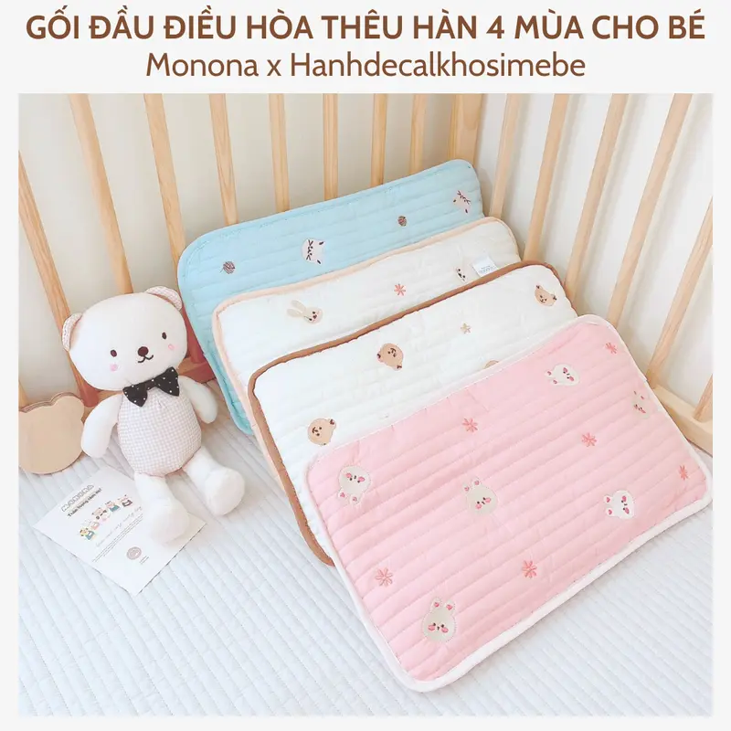 Gối Đầu Điều Hòa Trần Bông MONONA Có Viền Cao Cấp Êm Ái, Gối Thêu Hàn 4 Mùa Thoáng Khí Cho Bé KT 25x45cm 1