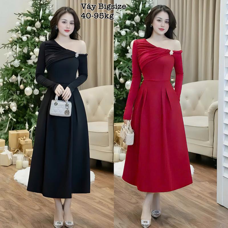 Thời Trang Bigsize Én Nhỏ - Váy Nữ Bigsize Dáng Dài Thiết Kế Lệch Vải Lụa Chéo Hàn Phối Nhũ Kim Xinh Đẹp Đón Tết Thiết Kế Thời Trang Bigsize Đẹp Sang Chảnh, Giá Rẻ Freesize 40-95kg Ennhocobigsize Nữ Dress Váy Đen Bigsize Đầm Xinh Đi Tiệc Trắng  Đỏ - 2388