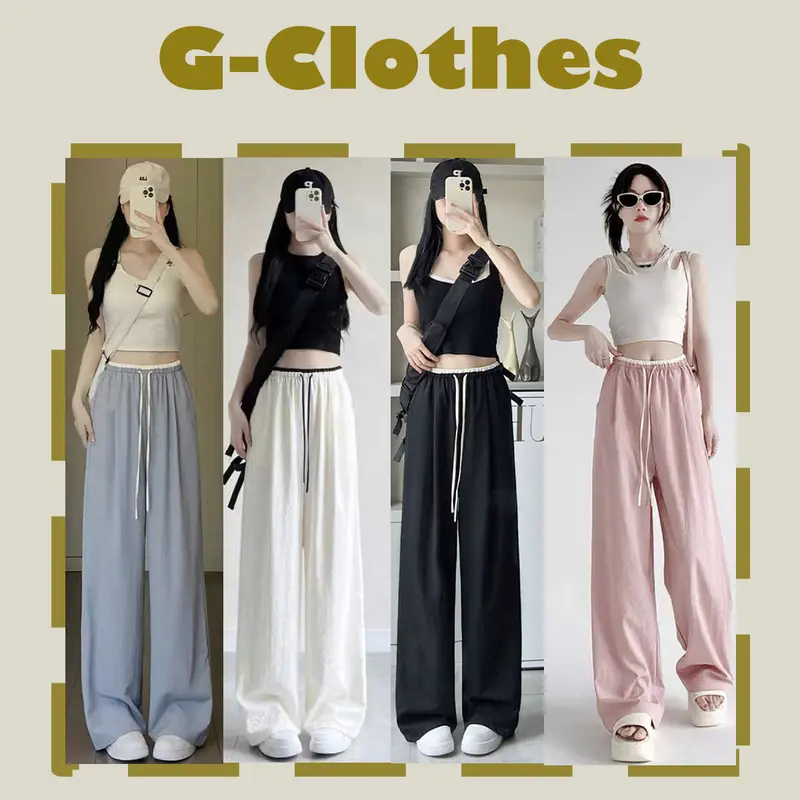 Quần ống suông rộng cạp phối 2 màu có dây rút tôn dáng nữ, chất liệu lụa băng thoáng mát Women Pants 0