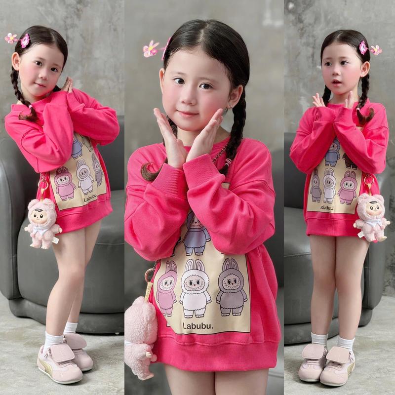 Áo nỉ cổ tròn cho bé gái hình labubu ô vuông, áo nỉ thu đông trẻ em,TPKIDS,[M905]