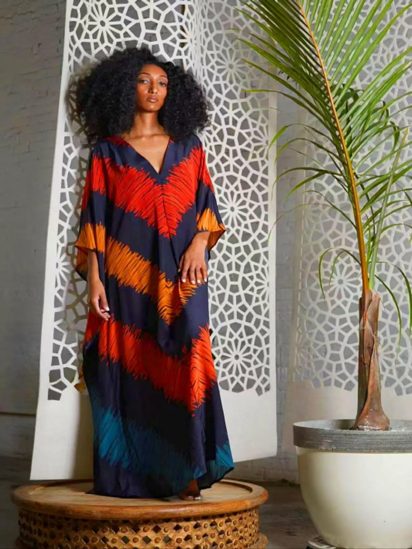 【Plus Size】 Striped Print Kaftan Dress, Boho Modern Batwing Sleeve Split Hem Maxi Dress for Summer Beach Holiday Vacation, Women's Clothing for Daily Wear