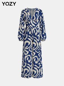 YOZY Women's All Over Print Bishop Sleeve Wide Leg Jumpsuit, Casual Deep V Neck Long Sleeve Jumpsuit for Fall & Winter, Ladies Clothes for Daily Wear