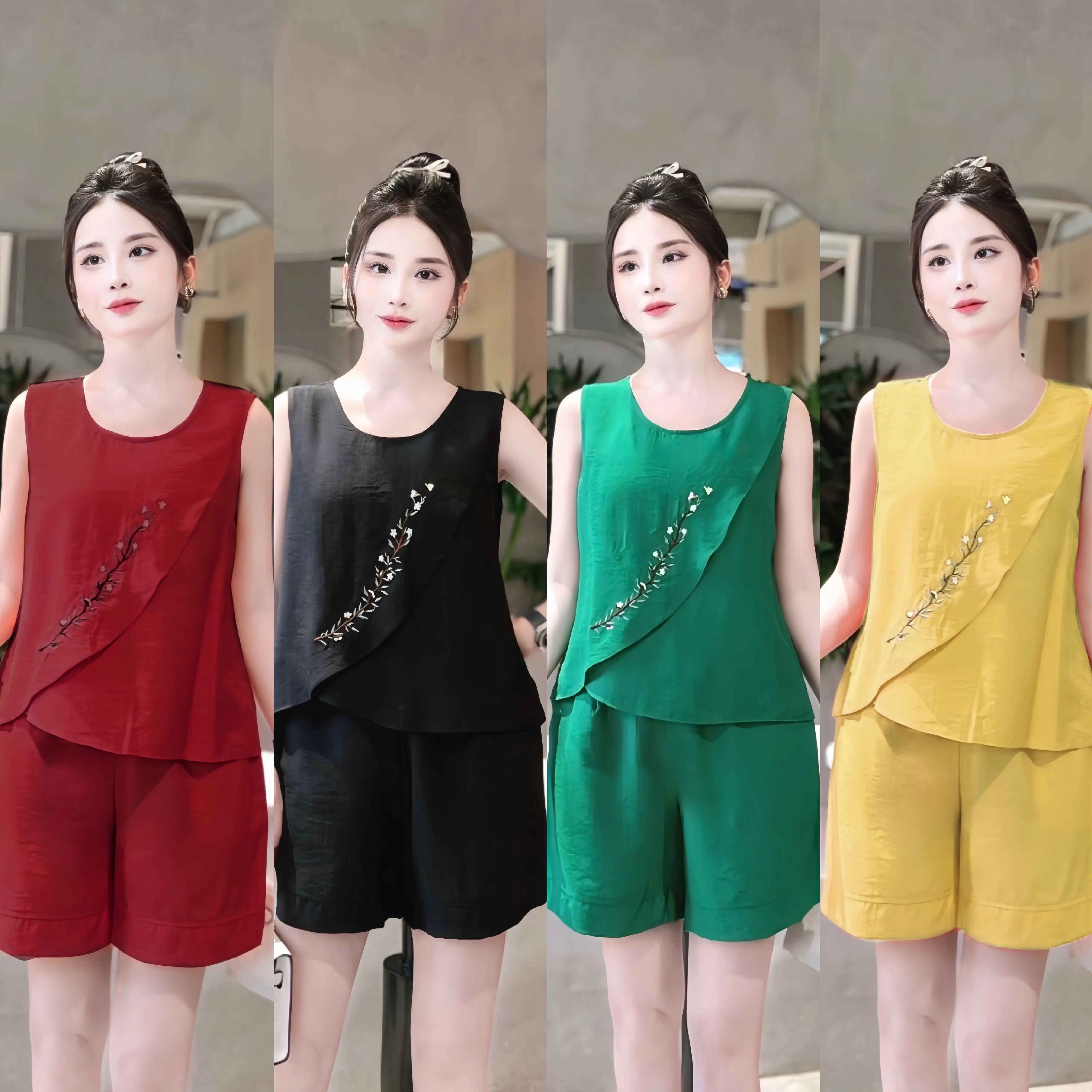 BỘ MẶC NHÀ,Set Bộ ĐŨI QUẦN ĐÙI THÊU HOA, Size 40-70Kg Women Top Voi - A3