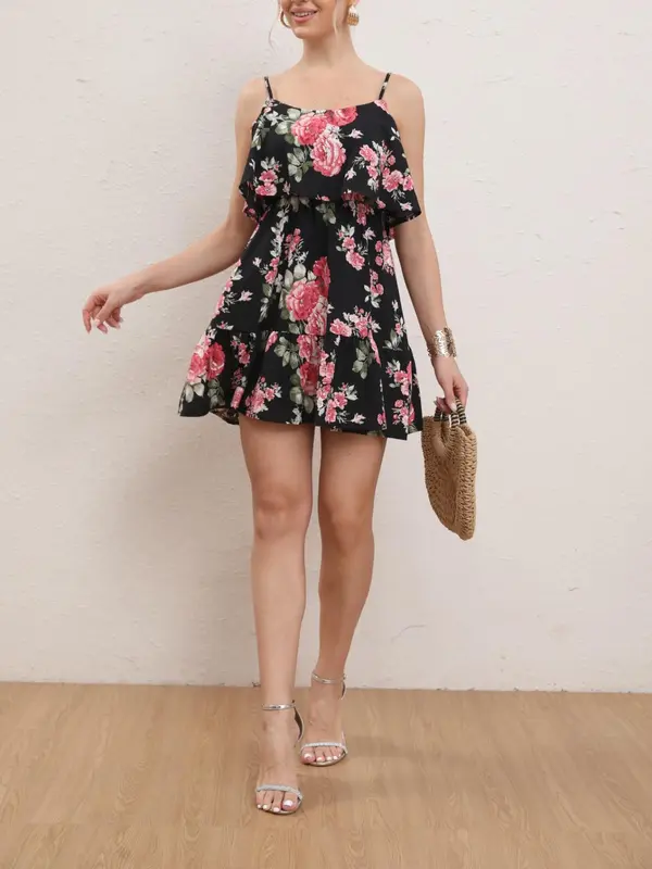 Women's Floral Print Cold Shoulder Ruffle A Line Dress, Boho Flounce Sleeve Short Dress for Beach Holiday Vacation, Ladies Summer Clothes 3
