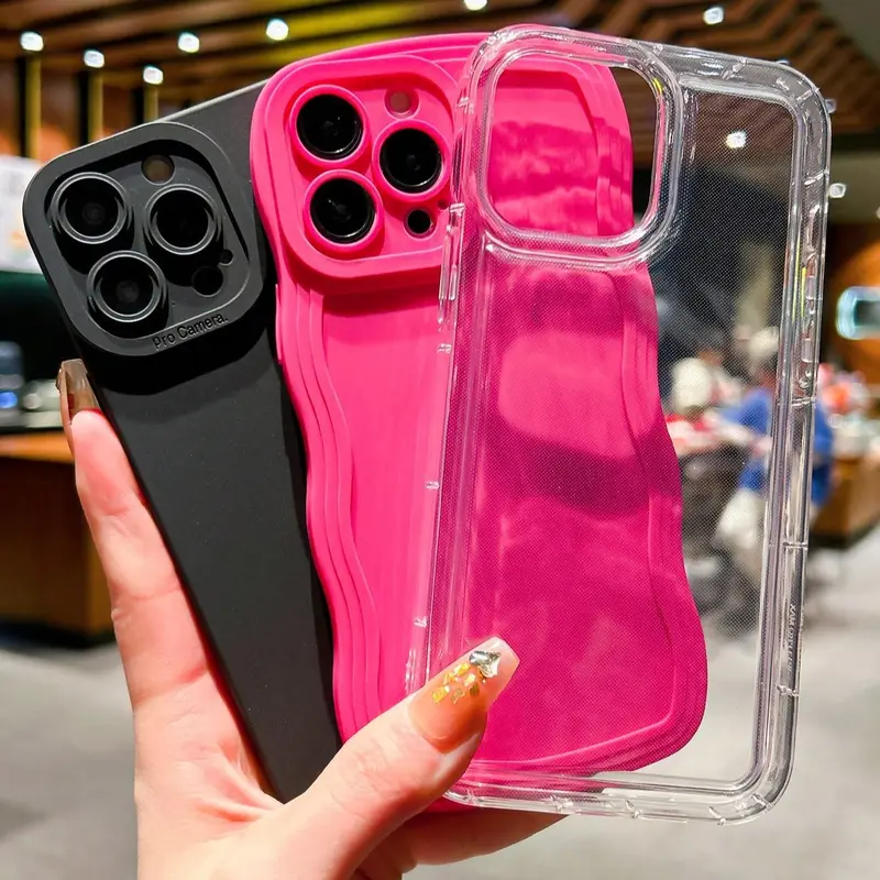 Solid Color Wave Design Phone Case, 3 Counts Anti-fall Fully Edged Mobile Phone Case, Shockproof Cases Cover Phone Cases for iPhone X 11 12 13 14 15 Pro Max iPhone 16 Series 0