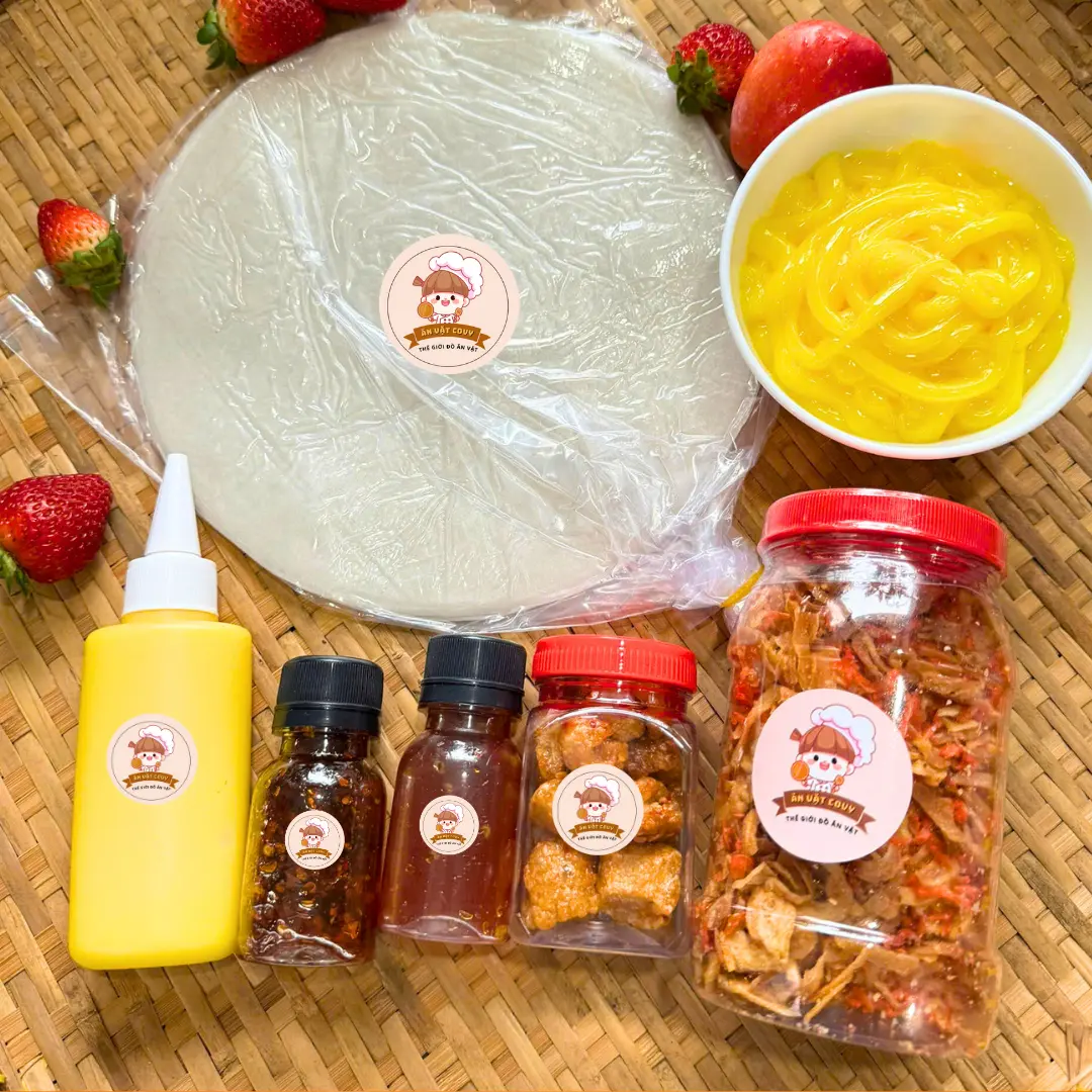 COMBO ƯU ĐÃI KHỦNG 6 MÓN: Bánh tráng phơi sương, Tóp mỡ, ruốc hành phi lớn, sa tế, sốt tắc bơ chai