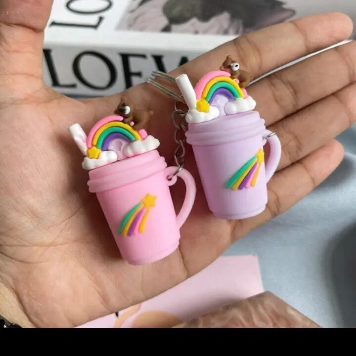 GANTUNGAN KUNCI LEMONADE BERUANG PELANGI BOBA LUCU BENTUK MINUMAN 1