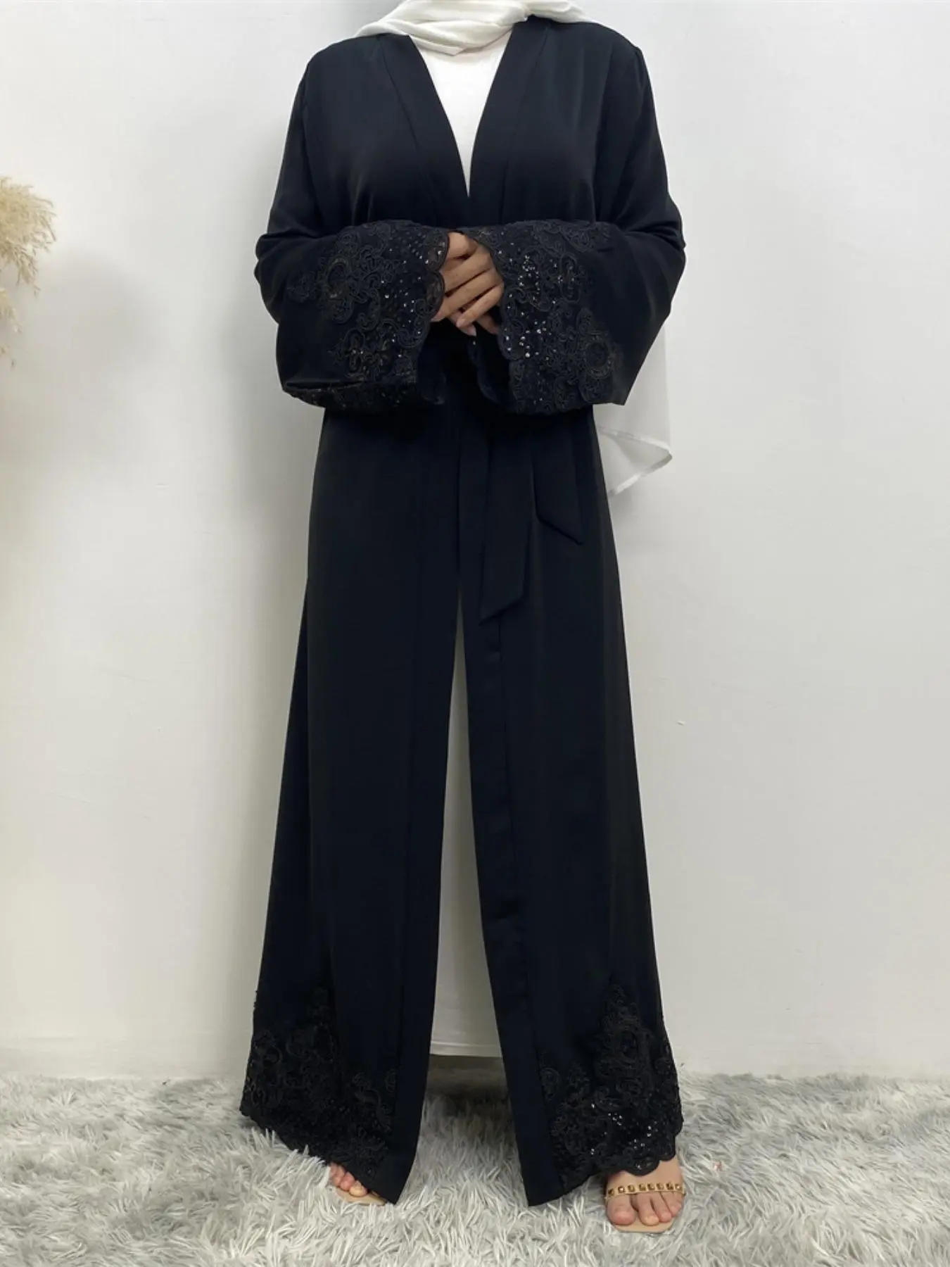 Arabic Clothing-Plain Appliques Long Sleeve Belted Abaya, Pakistani Suits, Abayas for Women, Pakistani Outfits, Summer Outfits 2024