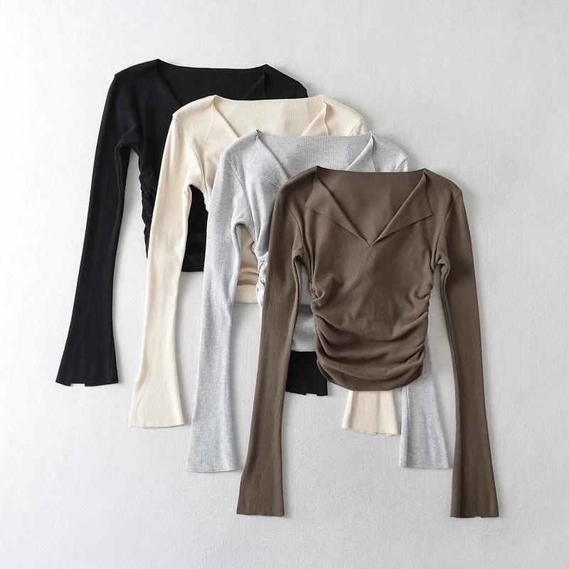  Áo dài tay xòe xẻ cổ V may eo dúm peonyb nữ - Thun kiểu dáng ôm body bánh bèo tiểu thư hotgirl phong cách hàn quốc đẹp 