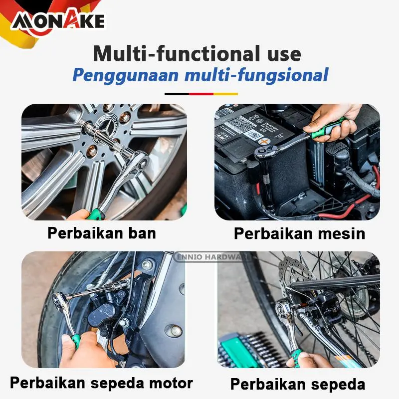 MONAKE Kunci Sok Set 61/82/94 pcs Set (COD) Lengkap Kunci Mata Sok 1/2'' and 1/4'' inch Set Potong Kunci Pas Alat Set Cincin 24 gigi Wrench Rachet alat perkakas lengkap motor Rachet Handle 3