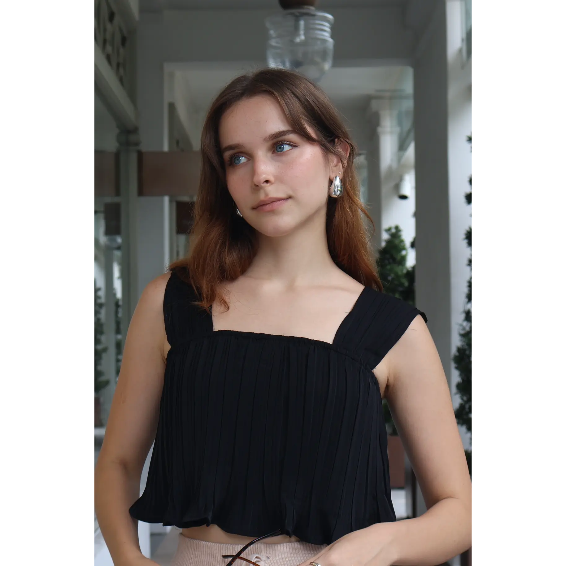 Melia Pleated Flowy Strap Top in Black