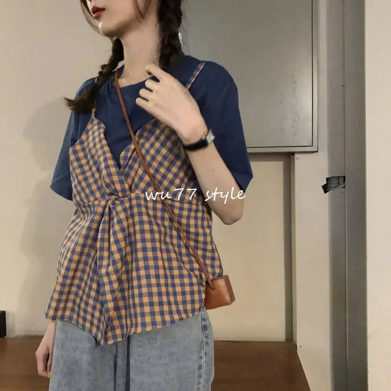Áo Thun Giả Hai Lớp, Thiết Kế Khâu Đẹp, Phong Cách Hàn Quốc, Dáng Rộng Vừa Vặn, Bó Sát, Buộc Dây, Áo Thun Vest Kẻ Sọc, ngắn Tay Mùa Hè Cho Nữ áo  caro  nữ  sơ  mi 3