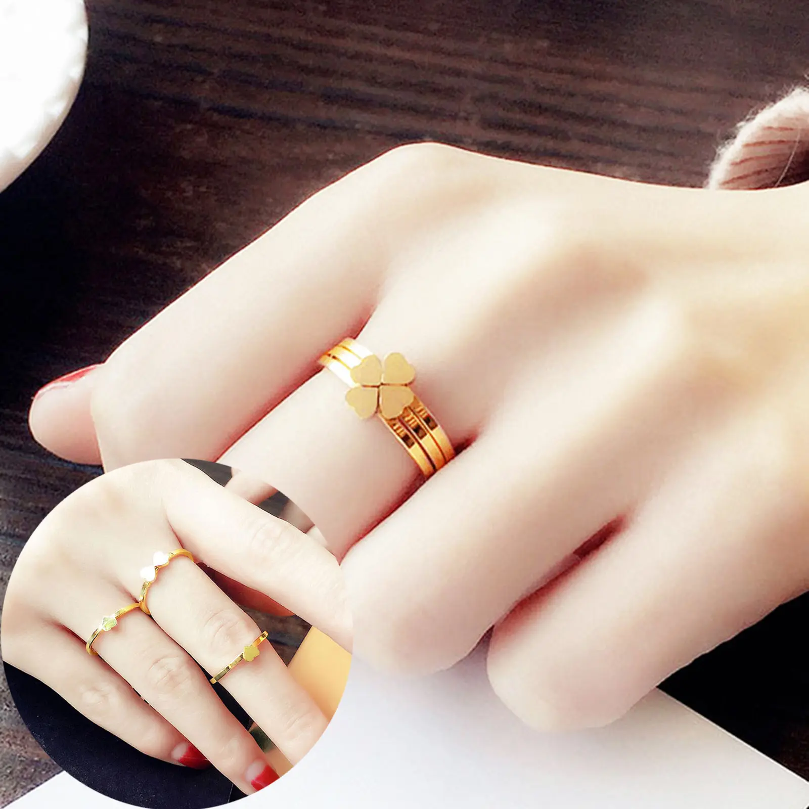 Light Luxury Rose Gold Clover Ring 3 in 1 Detachable Ring Gift for Friends and Girlfriends