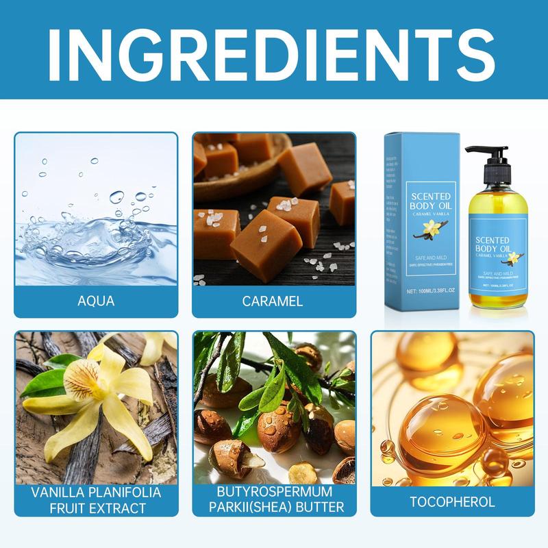Product Introduction of Caramel Vanilla Scented Body Oil, 2 Counts Natural Moisturizing Body Massage Essential Oil, Hydrating Body Care Products for Women 2