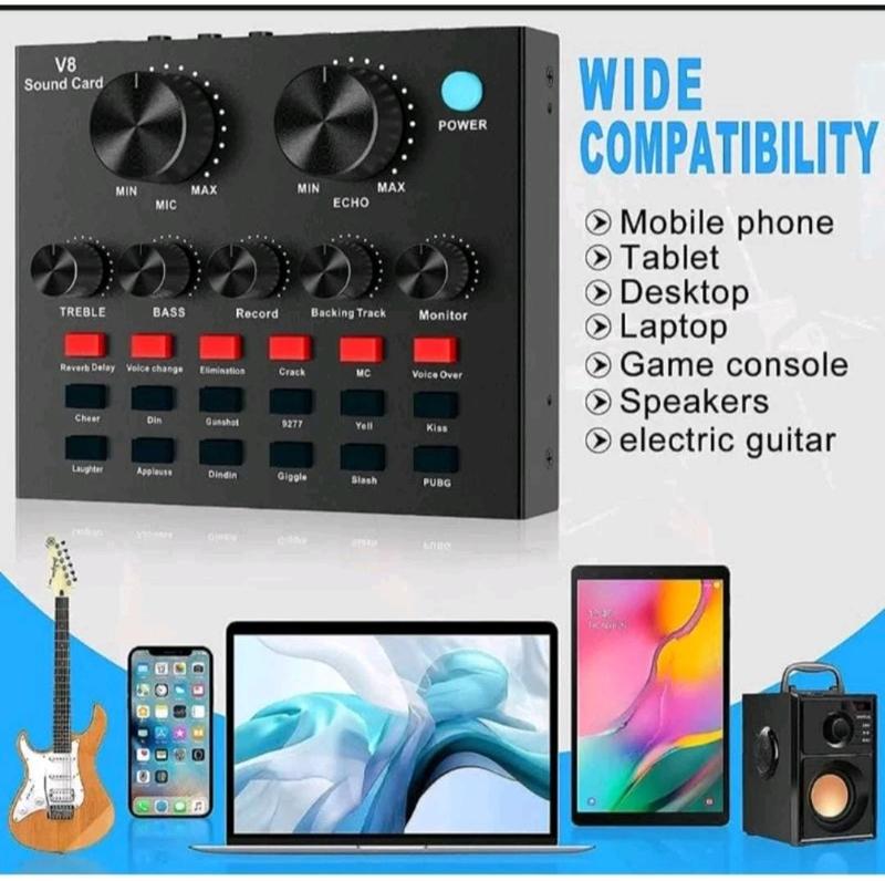 Product Introduction of Soundcard V8 Lengkap Ori V8 Sound Card Microphone Webcast Live External Sound Card with Personal Entertainment Streamer for Phone Computer Sound Card V8 Audio Soundcard New 4