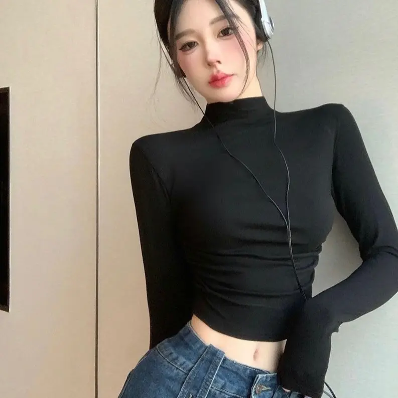 Áo croptop tay dài cổ cao 3p mới 2024 thời trang crt Nữ Nâu Thun A2 Voi Women Voan Shirt Jean Kem 5