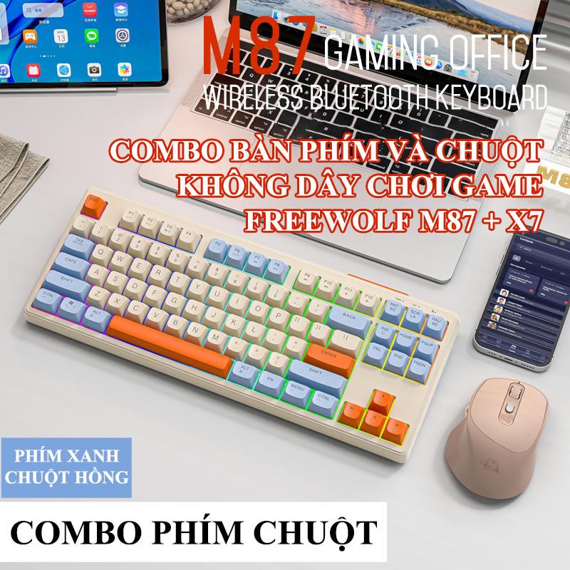 Combo bàn phím giả cơ và chuột không dây chuyên game FREEWOLF M87 + X7 kết nối Bluetooth và chip USB 2.4G có đèn led 7 màu