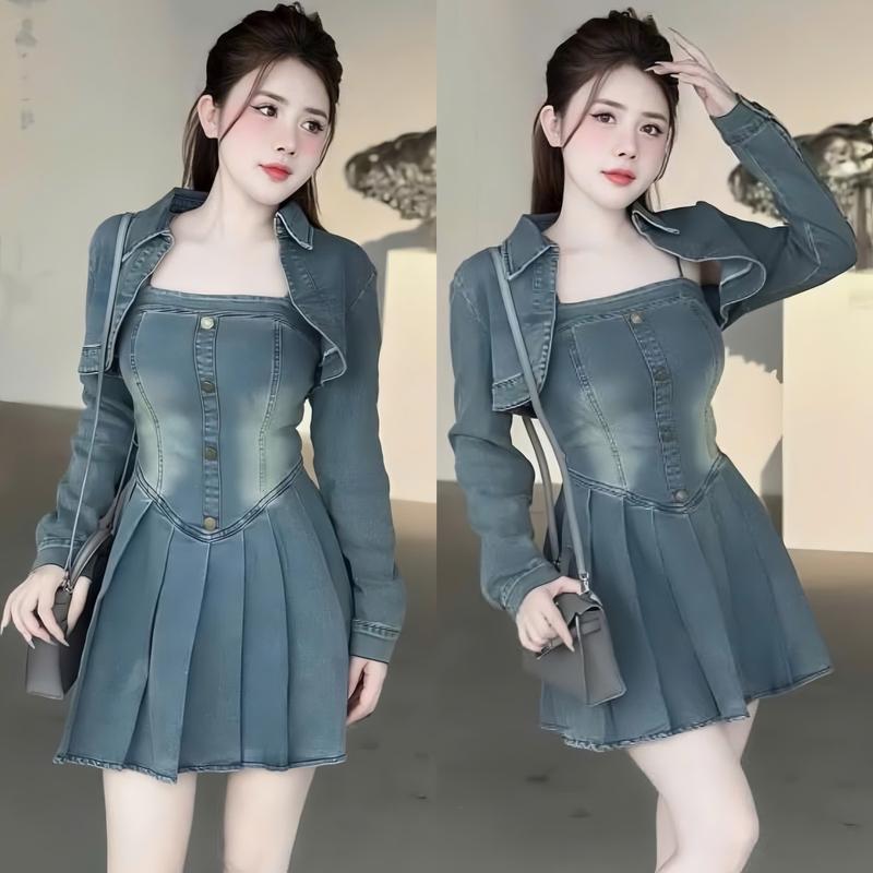Đầm váy nữ jean qc 2 dây xếp ly nhún eo khóa kéo kèm áo khoác cá tính, sang chảnh, năng động phù hợp cho các nàng đi chơi, đi tiệc, đi du lịch Women