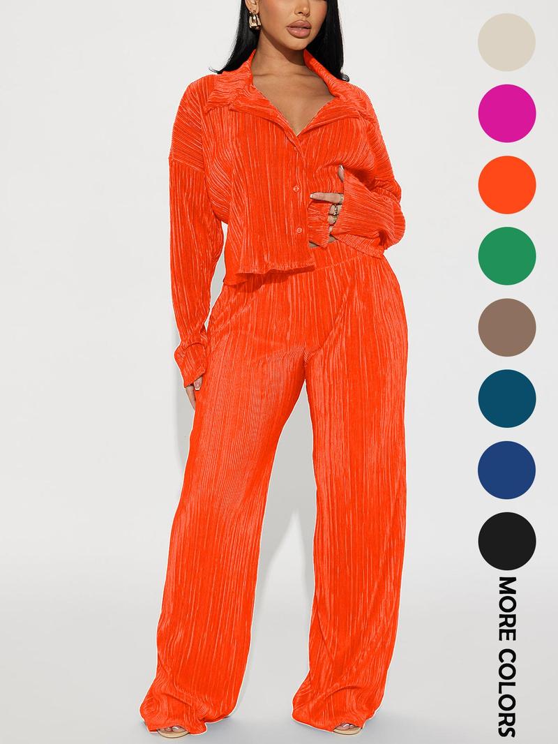 Product Introduction of Women's Solid Pleated Button Front Shirt & Wide Leg Pants Set, Casual Drop Shoulder Long Sleeve Button Up Top & Elastic Waist Trousers for Daily Wear, Ladies Spring & Fall Clothes Set 13