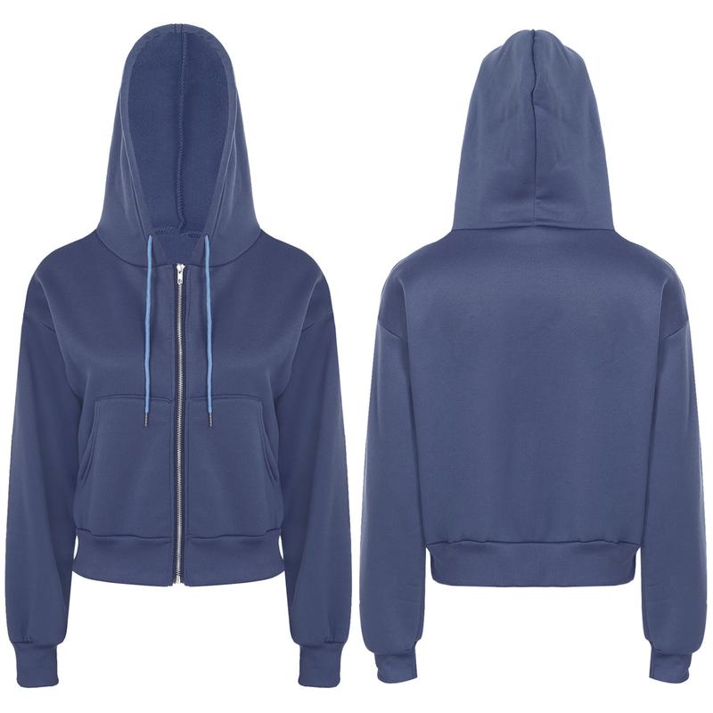 Moggemol  Womens Zip-Up Fleece-Lined Cropped Hoodie Casual Solid Color Long Sleeve Drawstring Hooded Sweatshirt with Pockets Womenswear Elastic 2