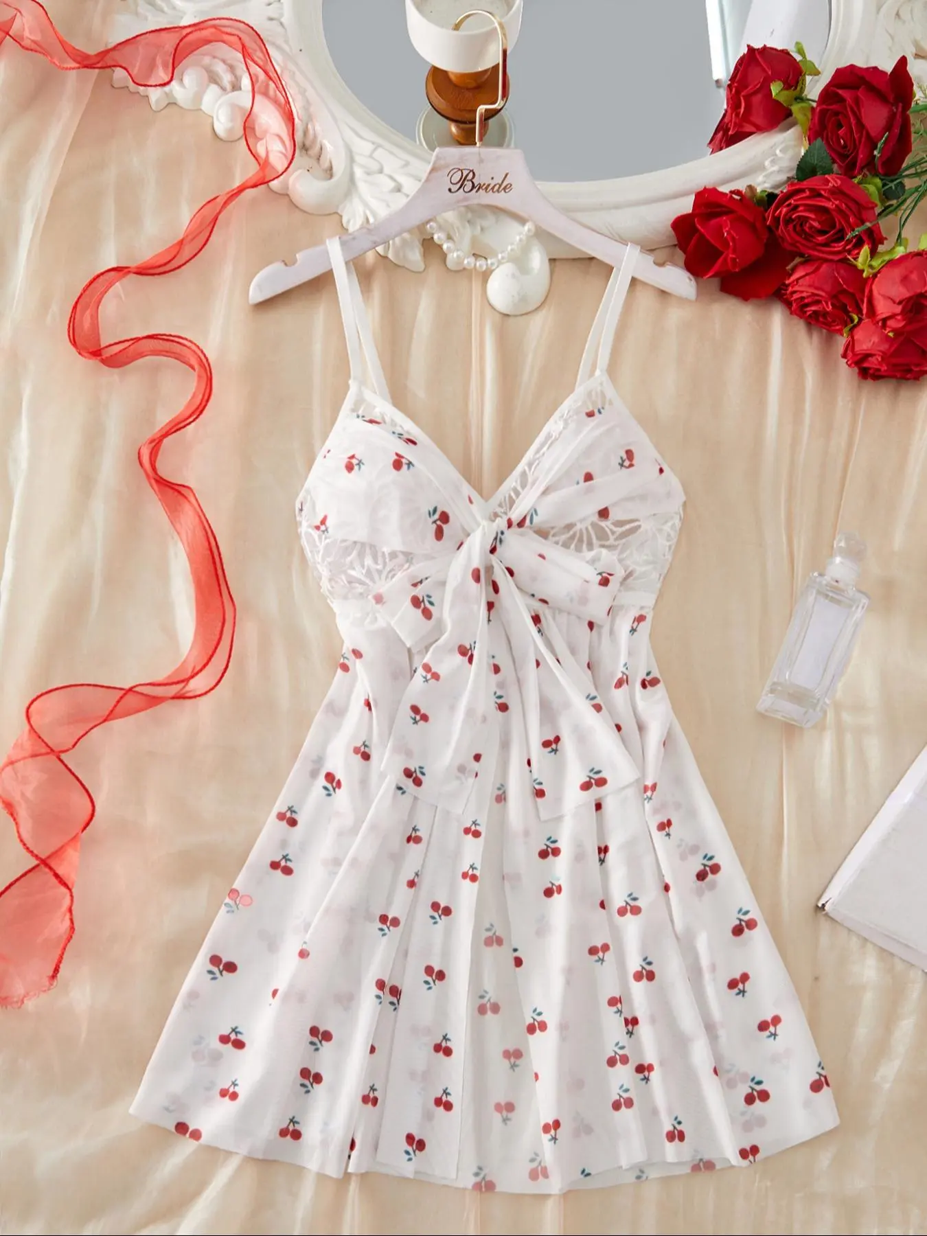 Women's Cherry Print Cami Nightdress, Casual Soft Comfortable Spaghetti Strap Nightgown for All Seasons, Fashion Ladies' Sleepwear for Daily Wear