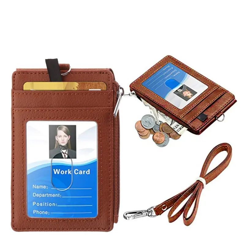 NINGC Badge Holder with Zippper PU Leather ID Badge Card Holder Wallet for Case 5 Card Slots,1 Clear ID Window with Secure Cov