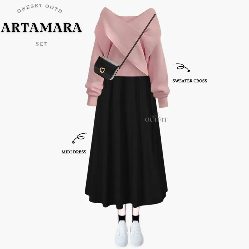 Bramantyashop - Artamara Set Outfit wanita | Atasan Sweater Rajut Cross Korean Knitted | Bawahan Rok Scuba Premium | Setelan Oneset wanita | OOTD Korean Look | Setelan Remaja Casual Panjang 1