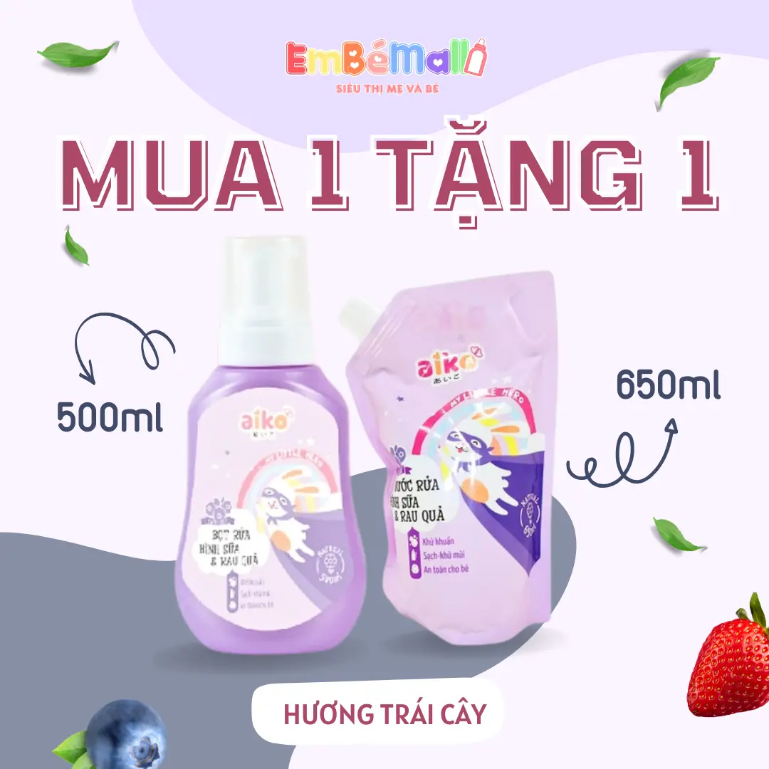 [Mua 1 Tặng 1] Aiko Nước Rửa Bình Sữa Và Trái Cây Chai 500ml Tặng Túi 650ml