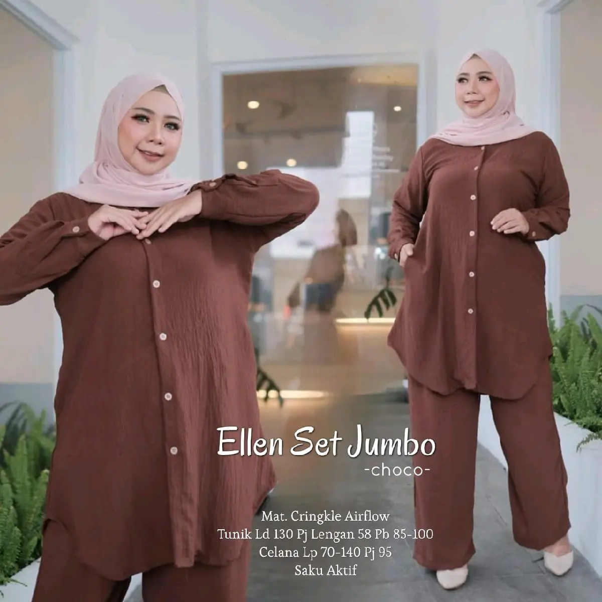 Setelan Celana Panjang Jumbo Polos Ellen Set LD 130 Bahan Crinkle Airflow Kancing Aktif Busui Adem Lembut Nyaman Muat Bb 100