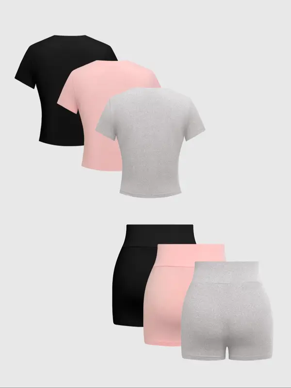 Women's Solid Round Neck Tee & Skinny Shorts Set, Casual Short Sleeve T-shirt & Short Leggings, Ladies Summer Clothes, Matching Set 1