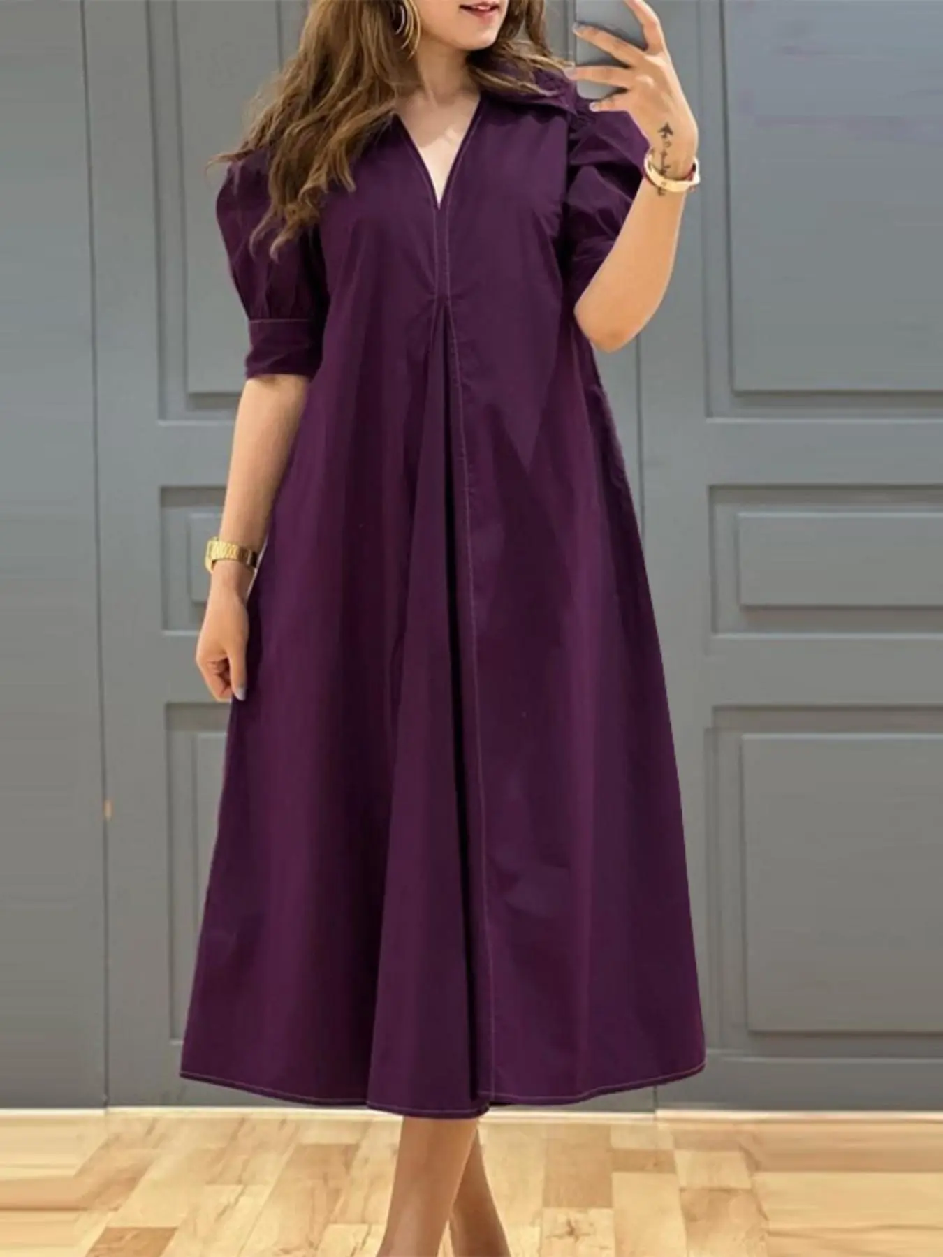Women's Plain Plicated V Neck Midi Dress, Casual Puff Sleeve Dress for Spring & Fall, Women's Clothing for Daily Wear