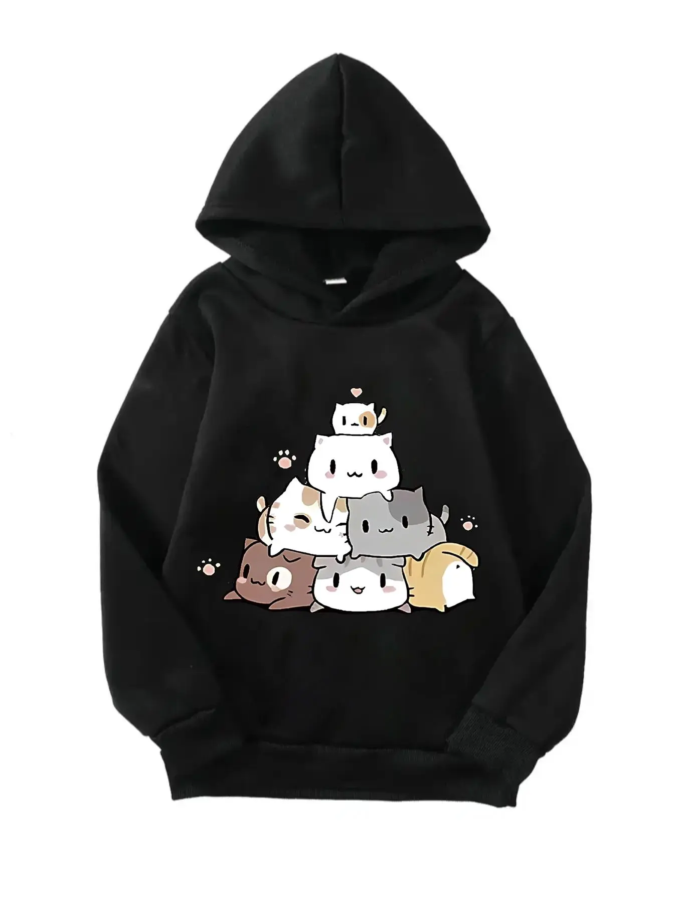 Girl's Cartoon Cat Print Hoodie, Casual Long Sleeve Hooded Sweatshirt for Fall & Winter, Kids Clothes for Daily Wear