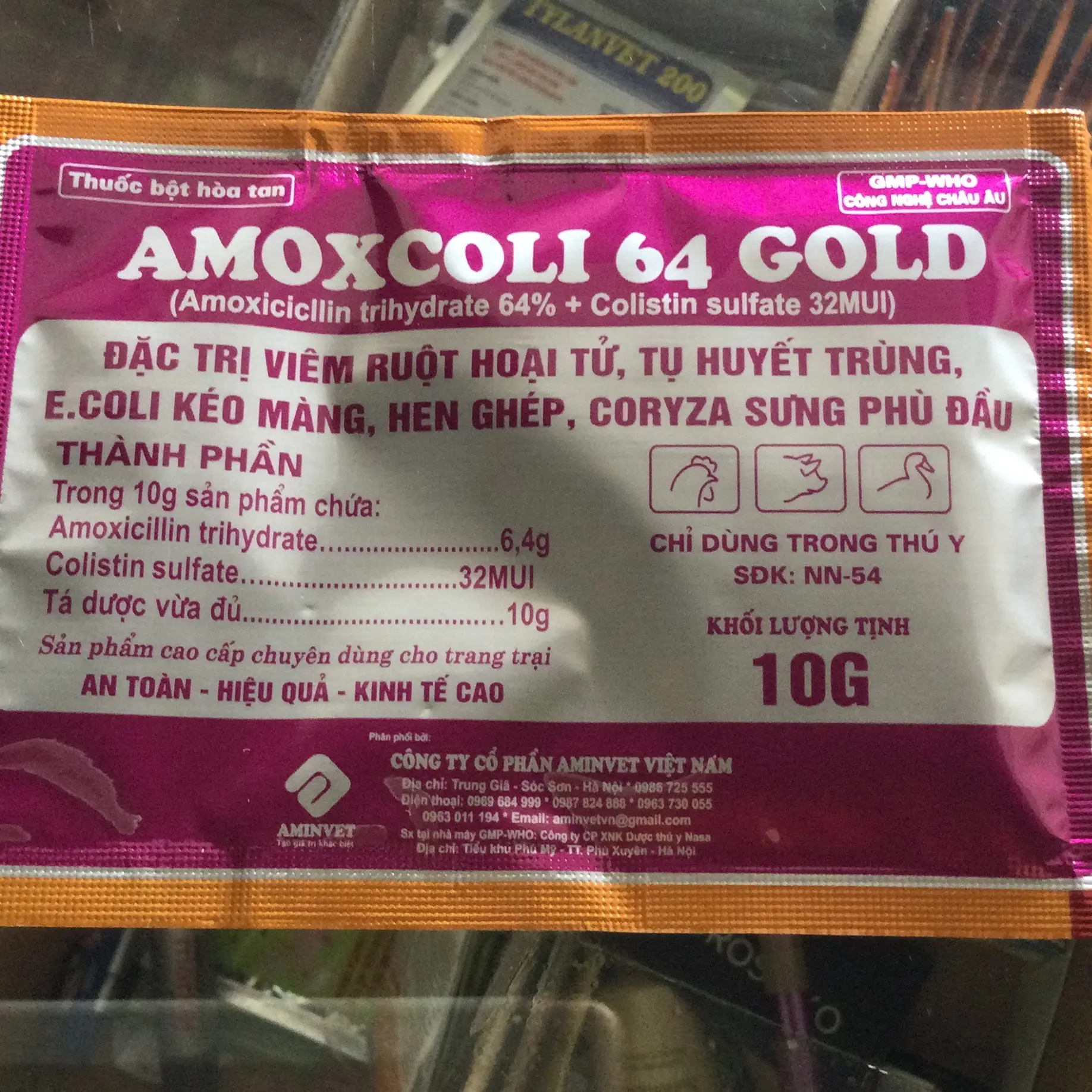 Amoxcolis 64% gói 10g viêm ruột hoại tử bột hoà nước hoặc trộn thức ăn