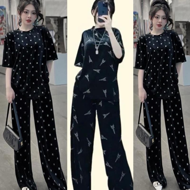 HH04 Set Nhung Hoạ Tiết Tháp - Áo Tay Ngắn Cổ Tròn + Quần Suông Dài - Chất nhung đẹp y hình - Nữ Women Top Jacket