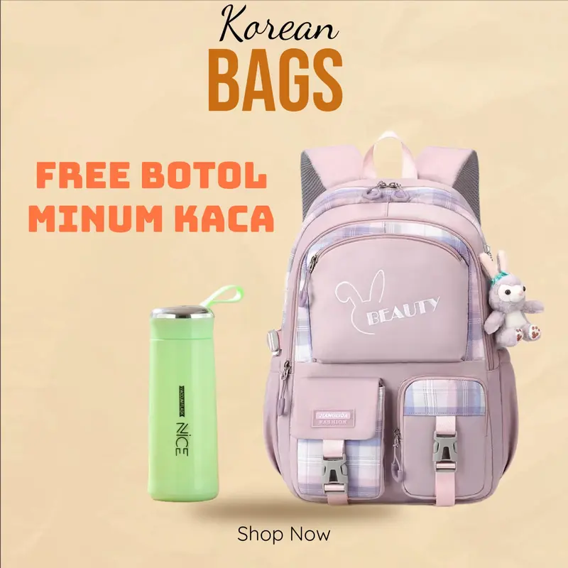 Ransel Wanita Korean Style Tas Anak Perempuan Kekinian Gratis Botol Minum Kaca Fashion 8