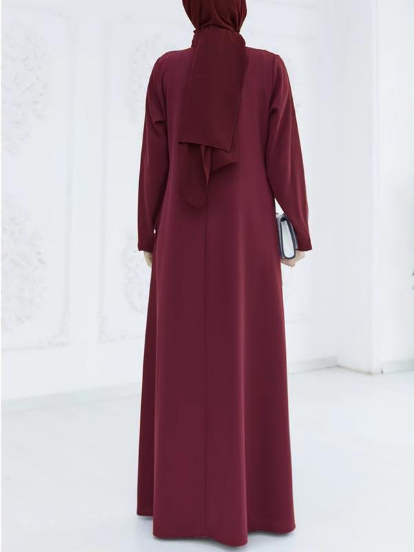 Product Introduction of Muslim Middle East Simple Women's Clothing Long Dress round Neck Solid Color A- line Skirt Long Sleeve Lace Dress 9