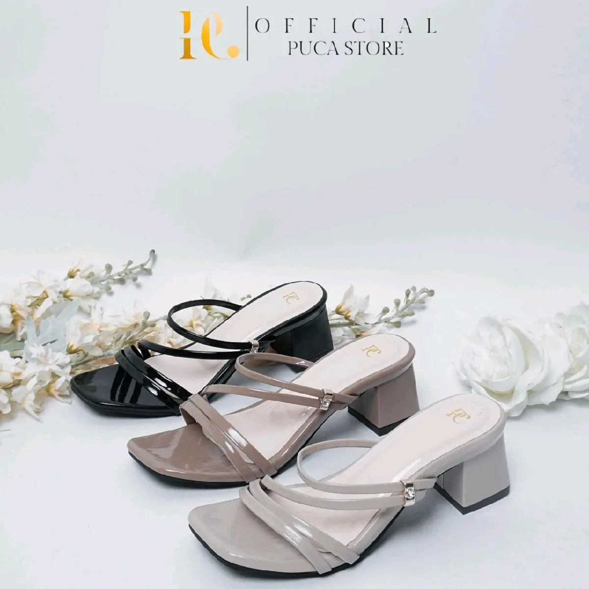 Puca Store Sandal Heels Wanita Tali Belakang Ring Mutiara Hak Tebal Hak Tahu 5cm Pc 03