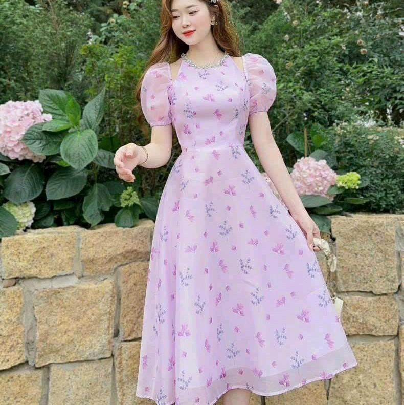 Đầm voan hoa cổ cườm tay phồng (free size eo dưới 72cm) đầm nữ đi tiệc đi chơi 0