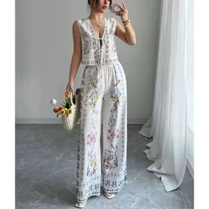 FADFAD Setelan wanita dua potong atasan rompi tanpa lengan dan celana panjang kaki lebar motif bunga