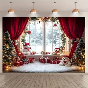 Fondo de escena navideña para ventana, 1 unidad de fondo con patrón de árbol de Navidad y regalo, decoración de pared para fiesta en casa y jardín, adornos