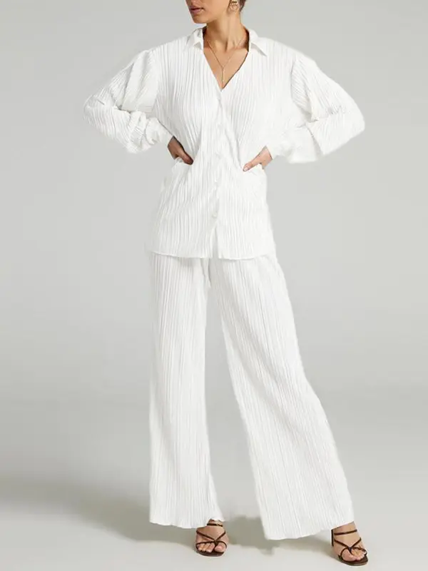 Women's Solid Textured Button Front Top & Flare Leg Pants Set, Casual Long Sleeve Top & High Waist Trousers, Women's Spring & Fall Clothes, Womenswear 6