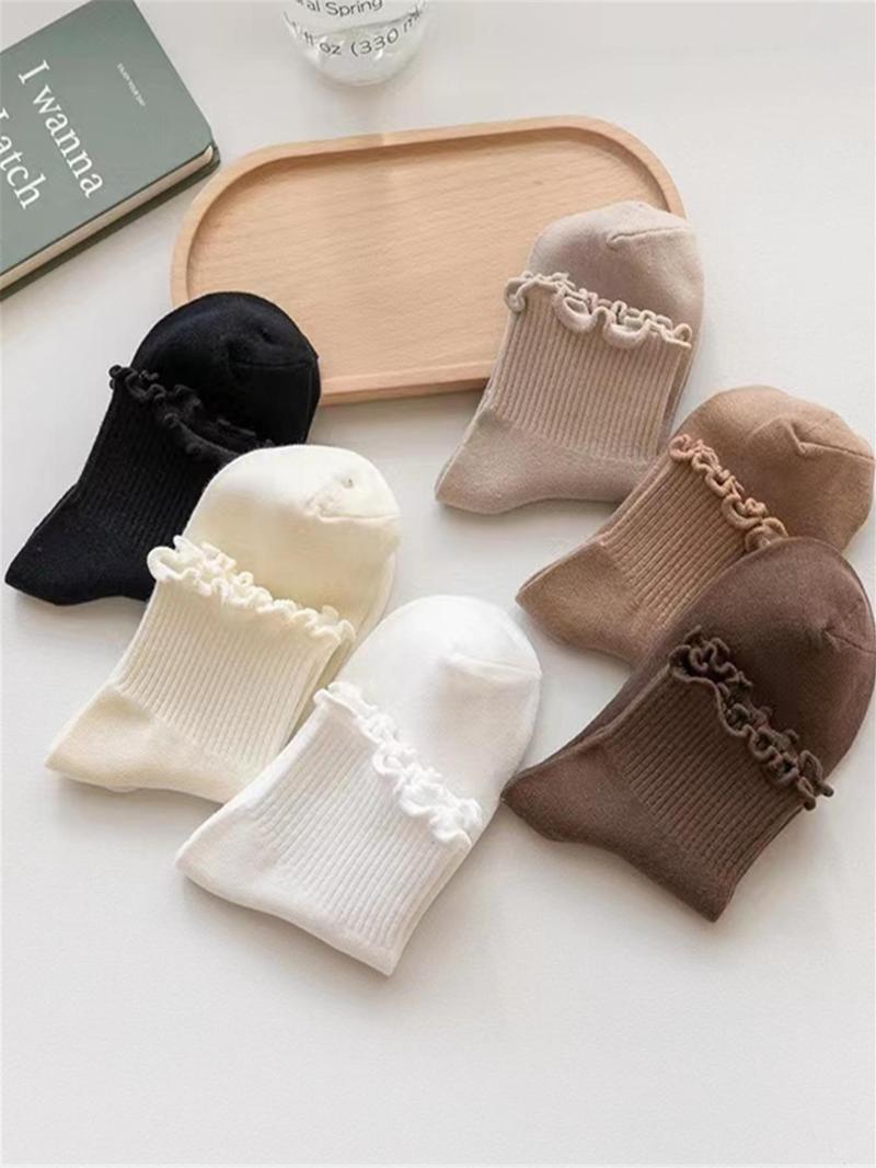 Product Introduction of Women's 6 Pairs Lettuce Trim Crew Socks, Dresssocks, Casual Solid Moisture Wicking Mid-calf Socks, Socks for Women, Soft Comfy Breathable Socks for Spring & Fall Daily Wear, Workwear for Women 6