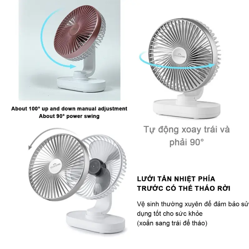 Quạt Điện Quạt Để Bàn Mini 15 Giờ Pin 5000mah Xoay 90 Độ 40db Quạt Xoay Tự Động - 4 Chế Độ Làm Mát Không Khí QuạT Fan 5