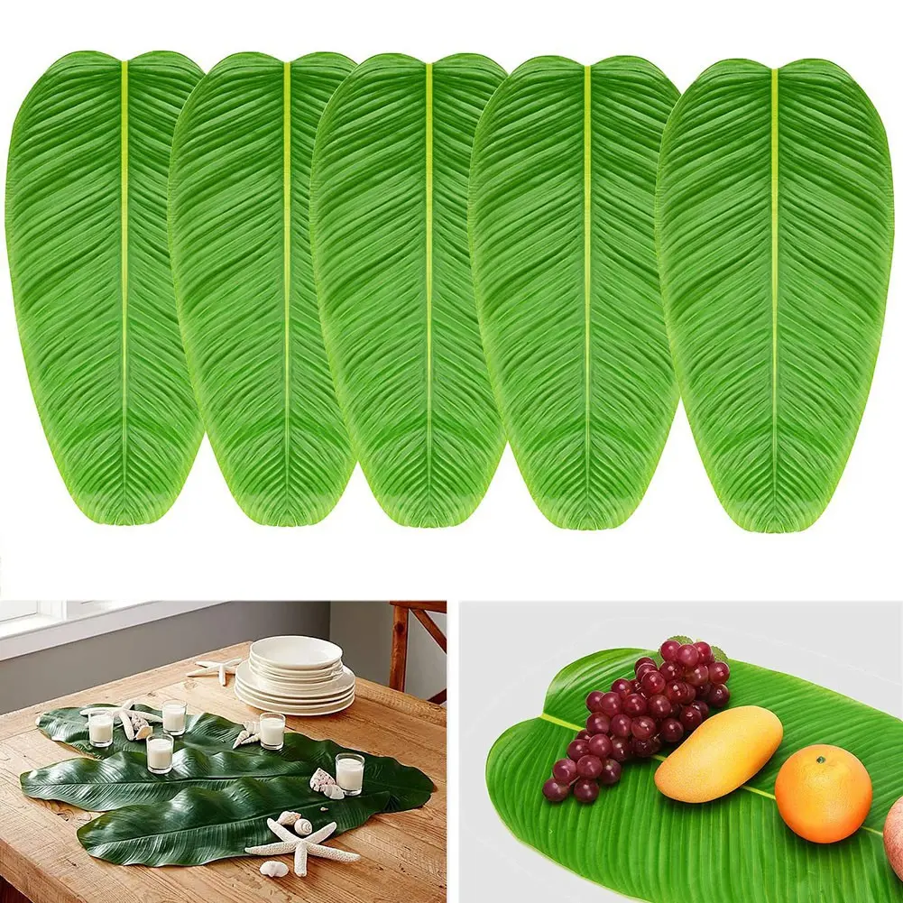 5PCS Large Artificial Banana Leaves Faux Tropical Leaves for Hawaiian Luau Party Decor Decorative Fruit Plant Table Water Proof