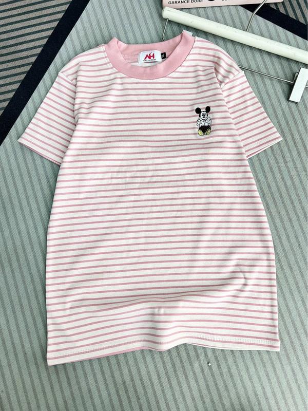 [ PHOM VỪA 40Kg-60Kg ] Áo thun nữ tay ngắn Tôn Dáng cổ tròn sọc phối hình thêu (CT Sọc Thêu Mickey) Top Women 3