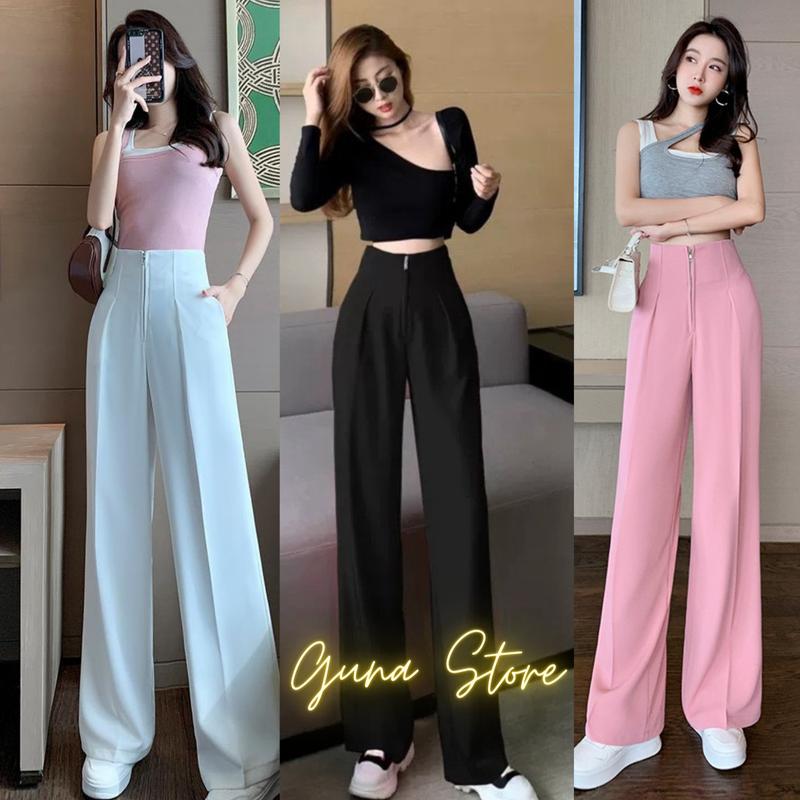 Quần tây nữ bigsize ống suông khóa đồng giữa lưng cao khóa trước dáng dài 95cm. Pants Baggy Ong Women