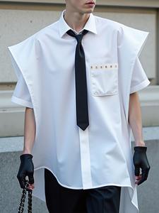 Men's Solid Color Asymmetrical Hem Short Sleeve Shirt, Loose Casual Button Front Chest Pocket Collared Top for Summer, Fashion Men's Clothes for Daily Wear