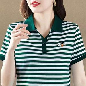 100KG Fat Girl Can Wear Korean Style New Fashion Short Sleeve Ladies Stripe Lapel T shirt Plus Size Loose Button blouse Women Sport Casual Polo shirt Female tees with collar