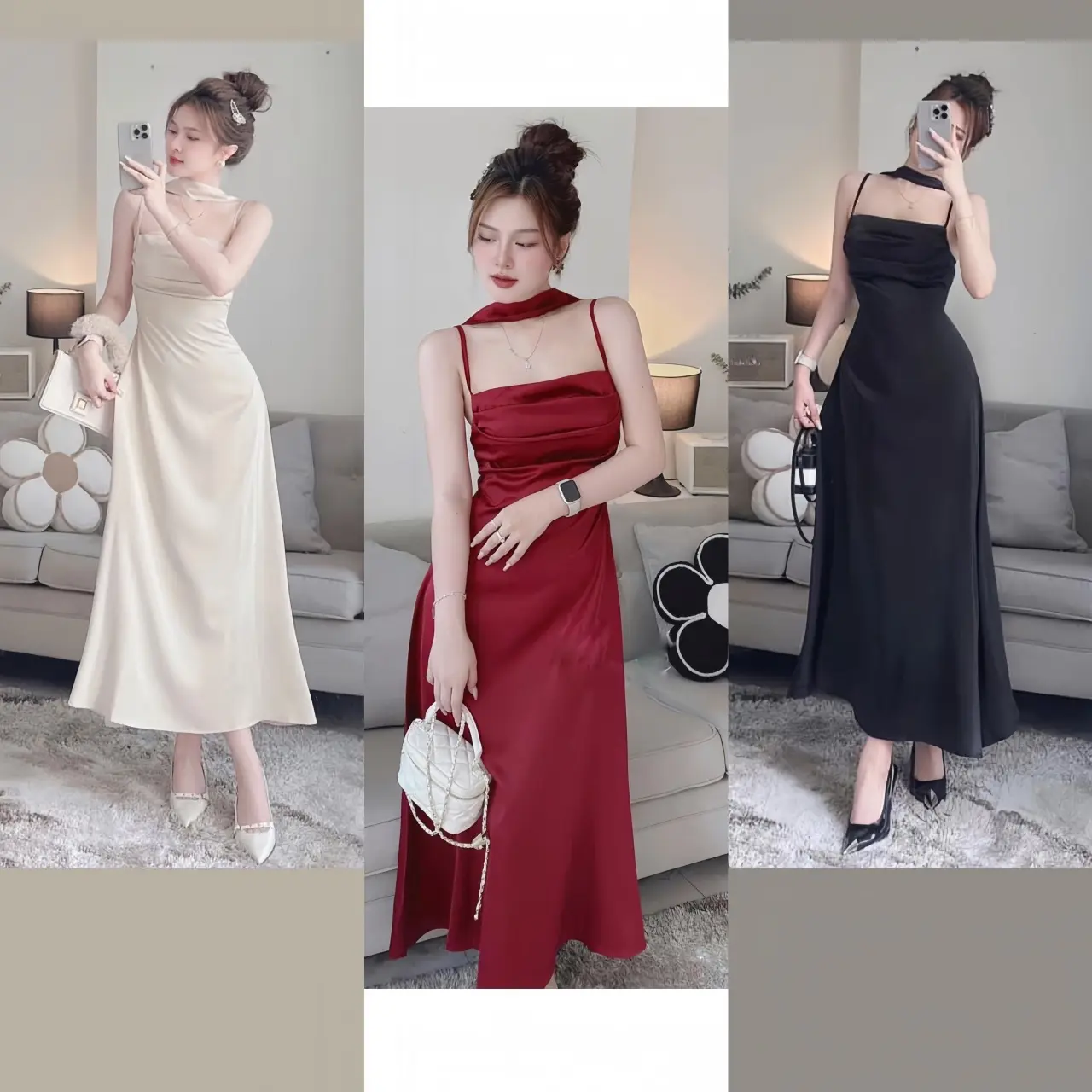 VÁY LỤA DÂY C.Ổ DÁNG DÀI SANG CHẢNH 3 MÀU ĐEN, ĐỎ,KEM